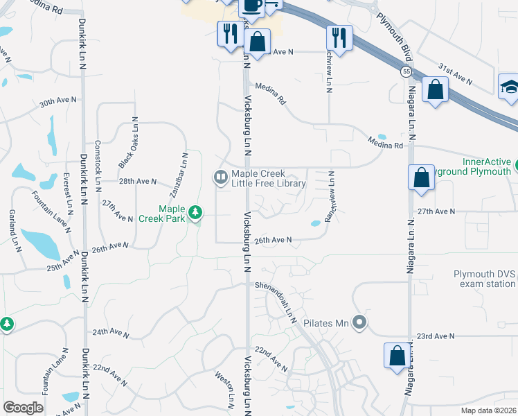 map of restaurants, bars, coffee shops, grocery stores, and more near 15857 27th Avenue North in Plymouth