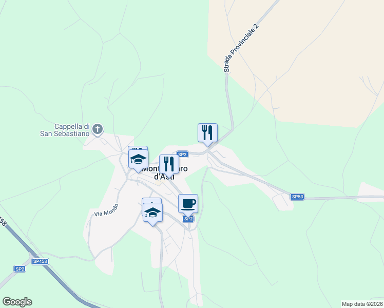 map of restaurants, bars, coffee shops, grocery stores, and more near 56 Via Mairano in Montechiaro d'Asti
