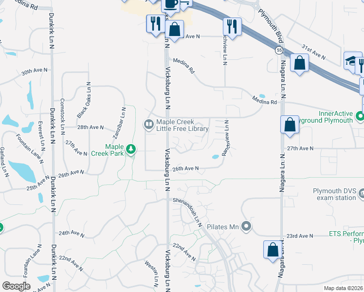 map of restaurants, bars, coffee shops, grocery stores, and more near 15809 27th Avenue North in Plymouth
