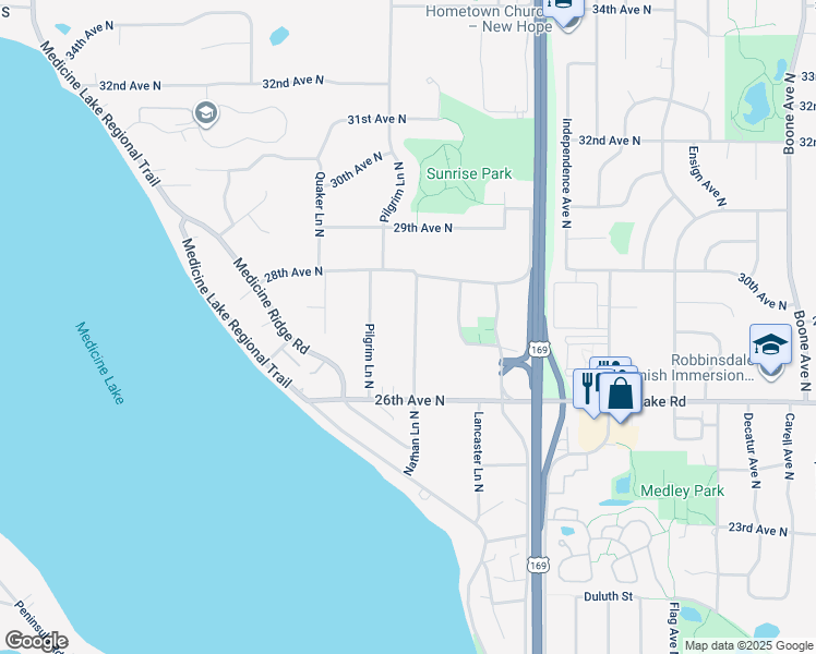 map of restaurants, bars, coffee shops, grocery stores, and more near 2645 Nathan Lane North in Plymouth