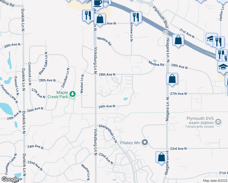 map of restaurants, bars, coffee shops, grocery stores, and more near 15649 27th Avenue North in Plymouth