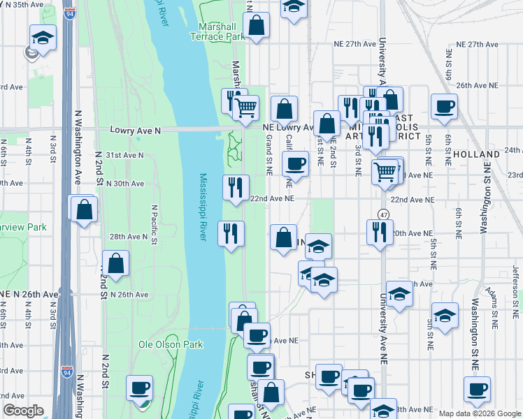 map of restaurants, bars, coffee shops, grocery stores, and more near 2101 Grand Street Northeast in Minneapolis
