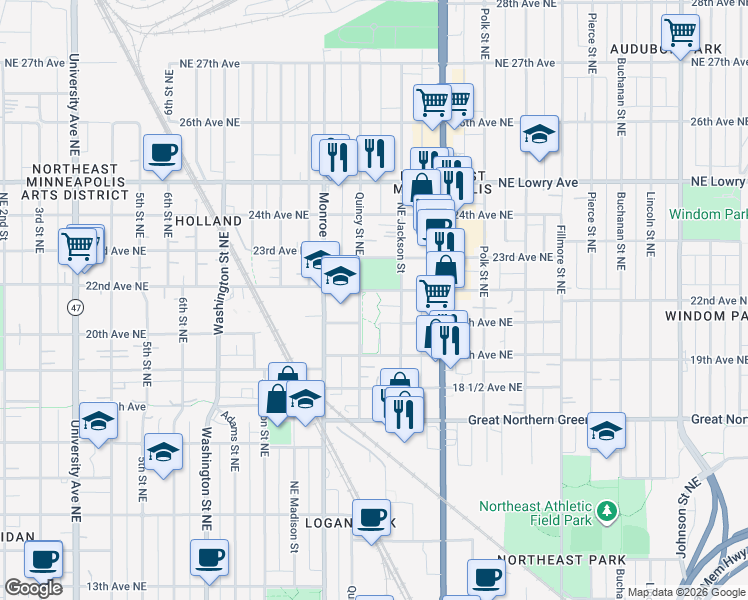 map of restaurants, bars, coffee shops, grocery stores, and more near 808 22nd Avenue Northeast in Minneapolis