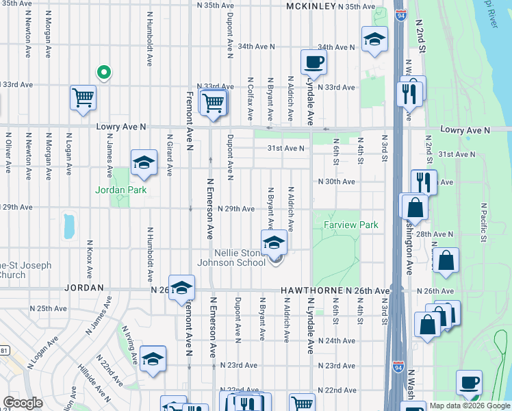 map of restaurants, bars, coffee shops, grocery stores, and more near 2815 North Bryant Avenue in Minneapolis