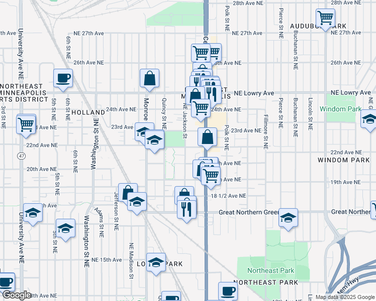 map of restaurants, bars, coffee shops, grocery stores, and more near 903 20th Avenue Northeast in Minneapolis