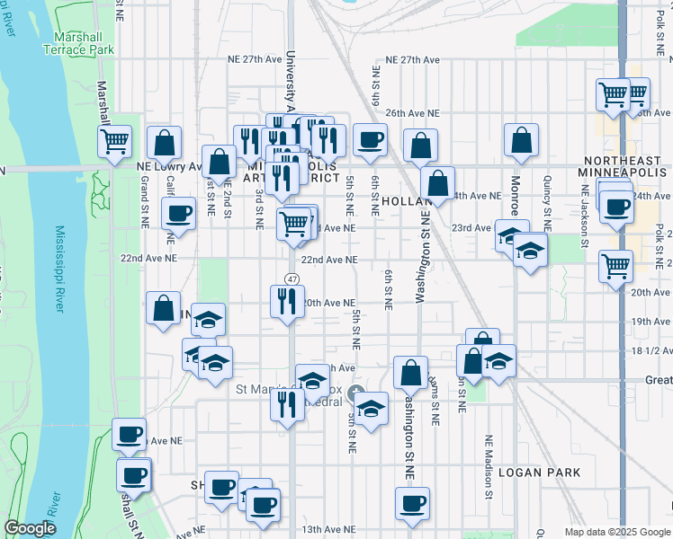 map of restaurants, bars, coffee shops, grocery stores, and more near 2015 4th Street Northeast in Minneapolis