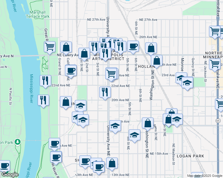 map of restaurants, bars, coffee shops, grocery stores, and more near 2015 University Avenue Northeast in Minneapolis