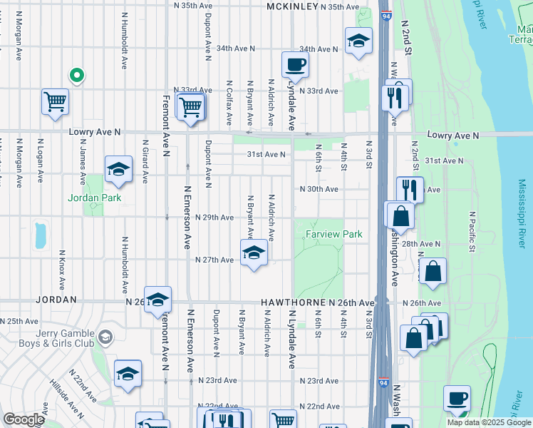 map of restaurants, bars, coffee shops, grocery stores, and more near 2815 North Aldrich Avenue in Minneapolis