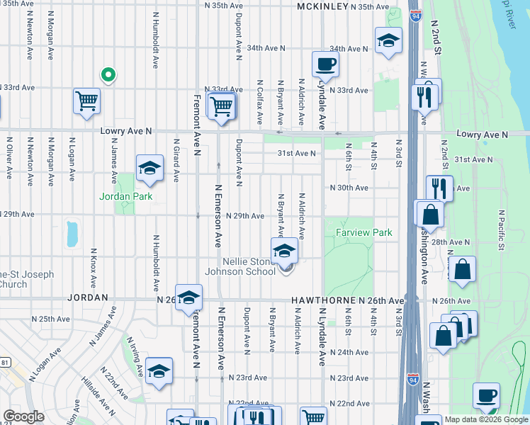 map of restaurants, bars, coffee shops, grocery stores, and more near 2815 North Bryant Avenue in Minneapolis