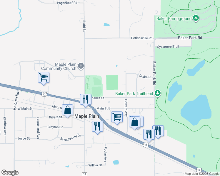 map of restaurants, bars, coffee shops, grocery stores, and more near 5050 Independence Street in Maple Plain