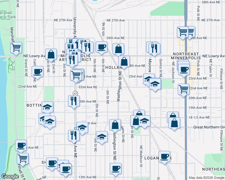 map of restaurants, bars, coffee shops, grocery stores, and more near 2015 6th Street Northeast in Minneapolis
