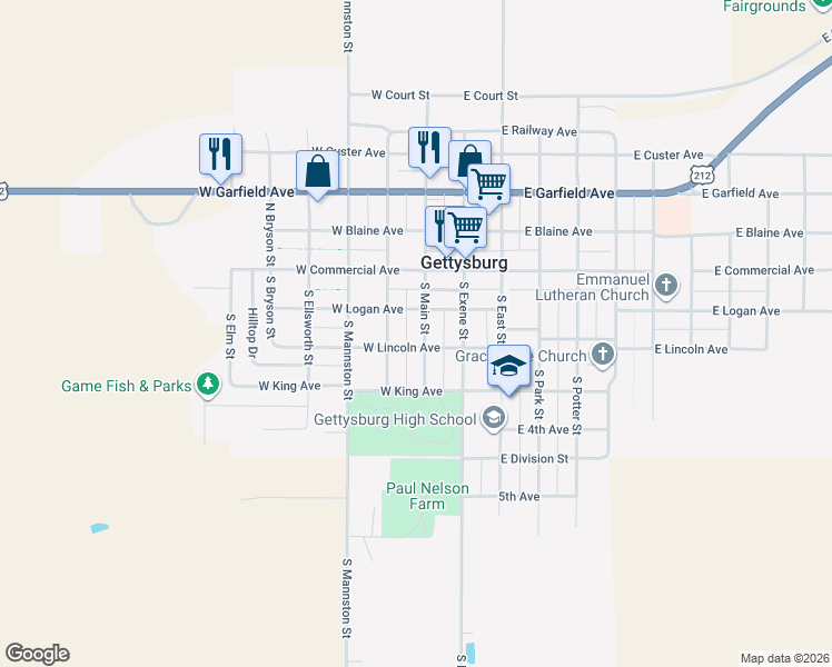 map of restaurants, bars, coffee shops, grocery stores, and more near 301-399 South Main Street in Gettysburg