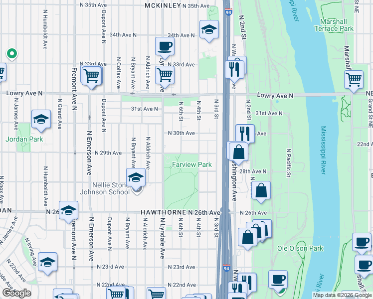 map of restaurants, bars, coffee shops, grocery stores, and more near 609 North 29th Avenue in Minneapolis