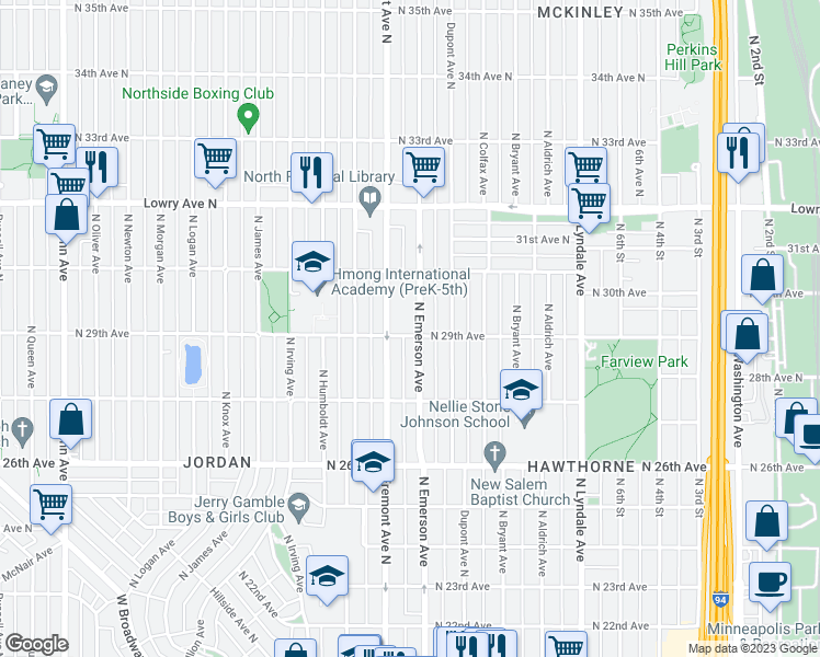 map of restaurants, bars, coffee shops, grocery stores, and more near 2901 Emerson Avenue North in Minneapolis