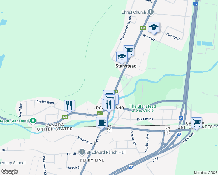 map of restaurants, bars, coffee shops, grocery stores, and more near 367 Rue Dufferin in Stanstead