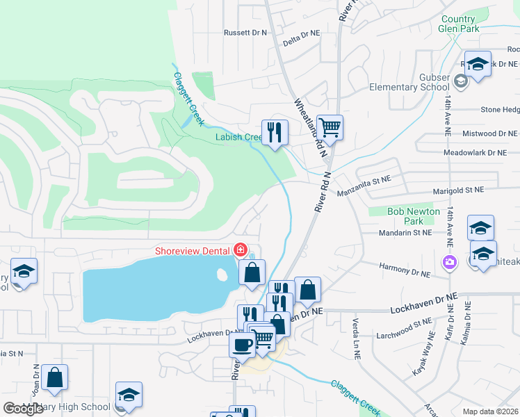 map of restaurants, bars, coffee shops, grocery stores, and more near 6172 Lakeshore Court North in Salem