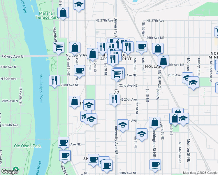 map of restaurants, bars, coffee shops, grocery stores, and more near 317 22nd Avenue Northeast in Minneapolis