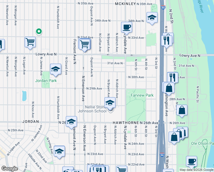 map of restaurants, bars, coffee shops, grocery stores, and more near 2931 North Bryant Avenue in Minneapolis