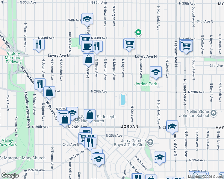 map of restaurants, bars, coffee shops, grocery stores, and more near 2923 North Morgan Avenue in Minneapolis