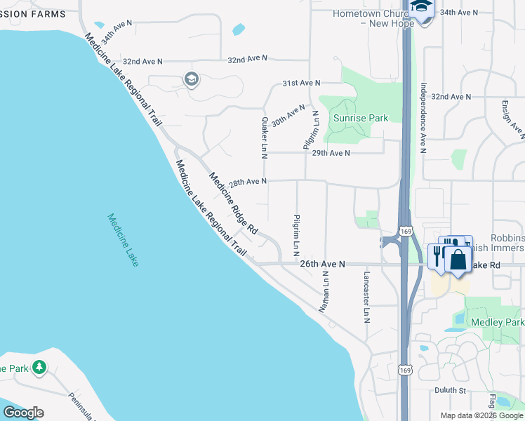 map of restaurants, bars, coffee shops, grocery stores, and more near 10200 27th Avenue North in Minneapolis