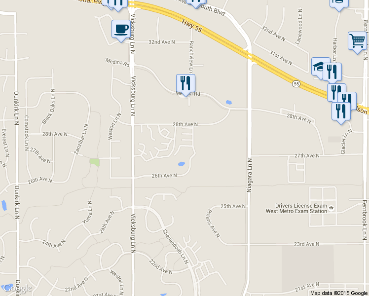 map of restaurants, bars, coffee shops, grocery stores, and more near 2785 Ranchview Lane North in Plymouth