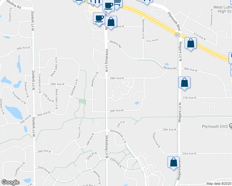 map of restaurants, bars, coffee shops, grocery stores, and more near 2759 Upland Lane North in Plymouth
