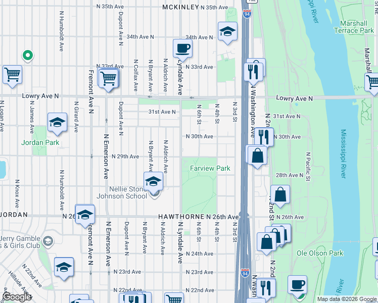 map of restaurants, bars, coffee shops, grocery stores, and more near in Minneapolis
