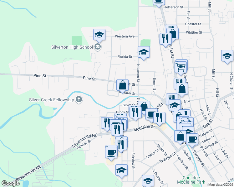 map of restaurants, bars, coffee shops, grocery stores, and more near 1202 North Water Street in Silverton