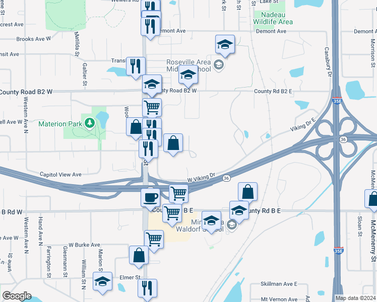 map of restaurants, bars, coffee shops, grocery stores, and more near 2 Minnesota Avenue in Saint Paul