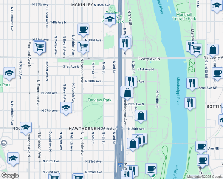 map of restaurants, bars, coffee shops, grocery stores, and more near 301 North 30th Avenue in Minneapolis