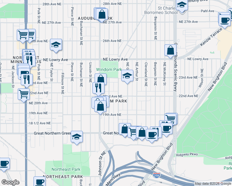 map of restaurants, bars, coffee shops, grocery stores, and more near 2227 Ulysses Street Northeast in Minneapolis