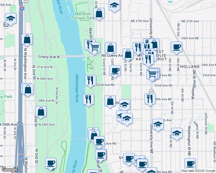 map of restaurants, bars, coffee shops, grocery stores, and more near 2211 Grand Street Northeast in Minneapolis