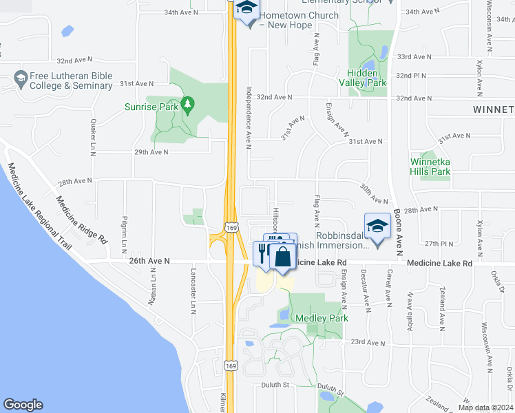 map of restaurants, bars, coffee shops, grocery stores, and more near 2927 Hillsboro Avenue North in Minneapolis