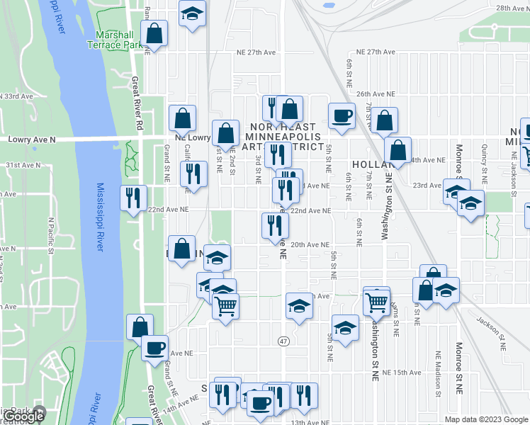 map of restaurants, bars, coffee shops, grocery stores, and more near 317 22nd Avenue Northeast in Minneapolis