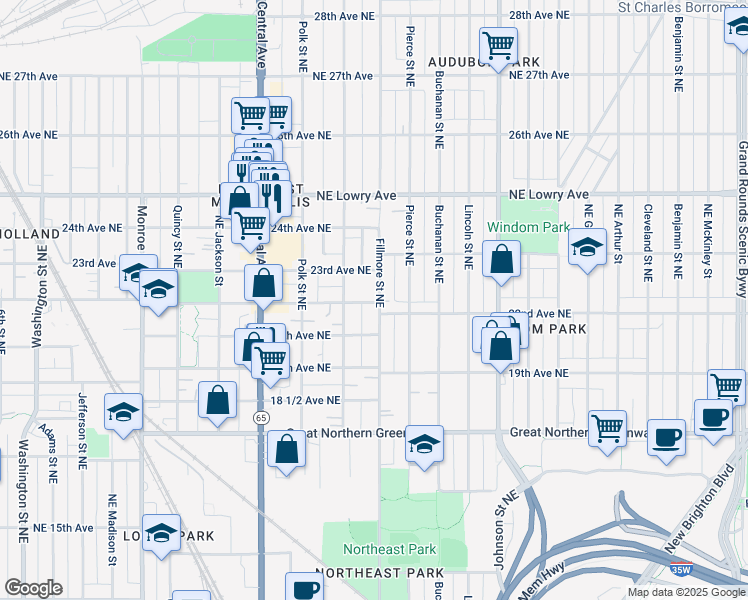 map of restaurants, bars, coffee shops, grocery stores, and more near 1114 23rd Avenue Northeast in Minneapolis