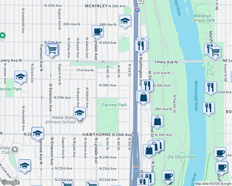 map of restaurants, bars, coffee shops, grocery stores, and more near 401 North 30th Avenue in Minneapolis