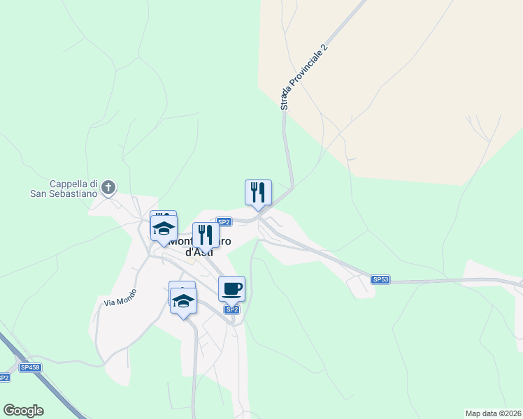 map of restaurants, bars, coffee shops, grocery stores, and more near 54 Via Mairano in Montechiaro d'Asti