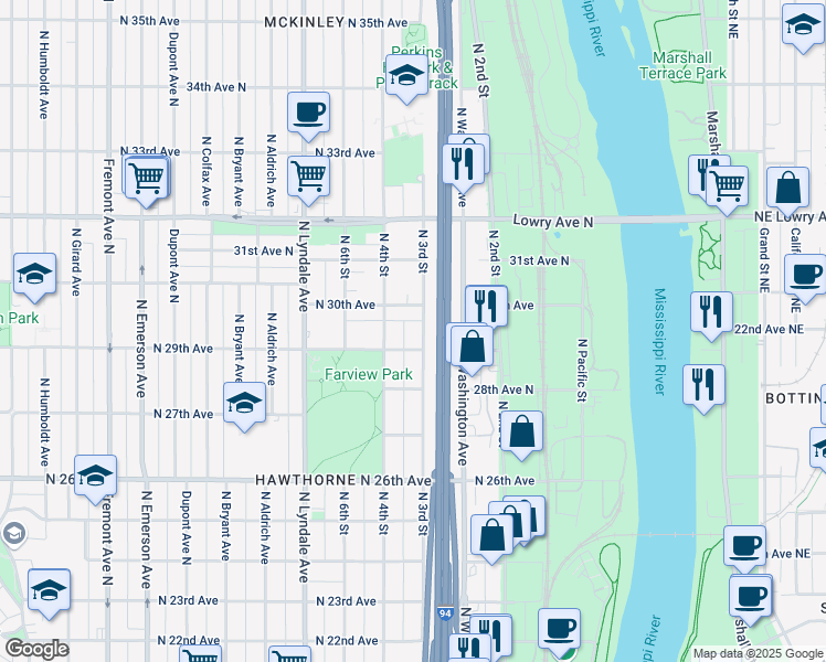map of restaurants, bars, coffee shops, grocery stores, and more near 301 North 30th Avenue in Minneapolis
