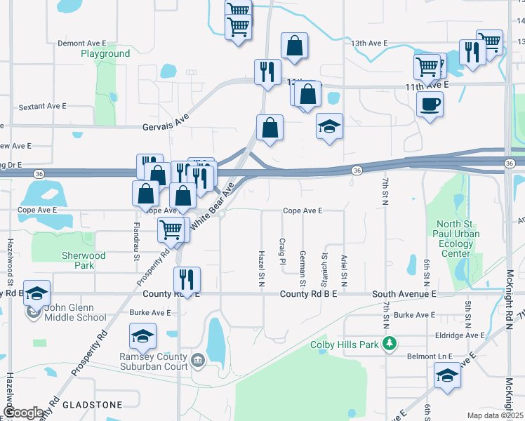 map of restaurants, bars, coffee shops, grocery stores, and more near 1493 Cope Avenue in Maplewood