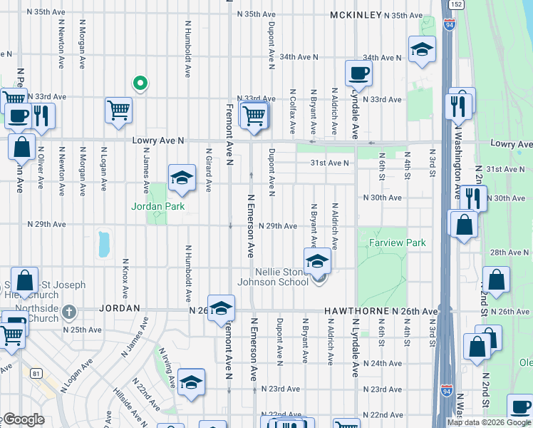 map of restaurants, bars, coffee shops, grocery stores, and more near 2928 Emerson Avenue North in Minneapolis