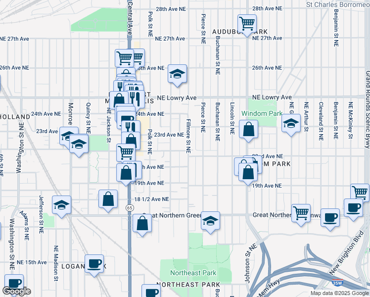 map of restaurants, bars, coffee shops, grocery stores, and more near 1114 23rd Avenue Northeast in Minneapolis
