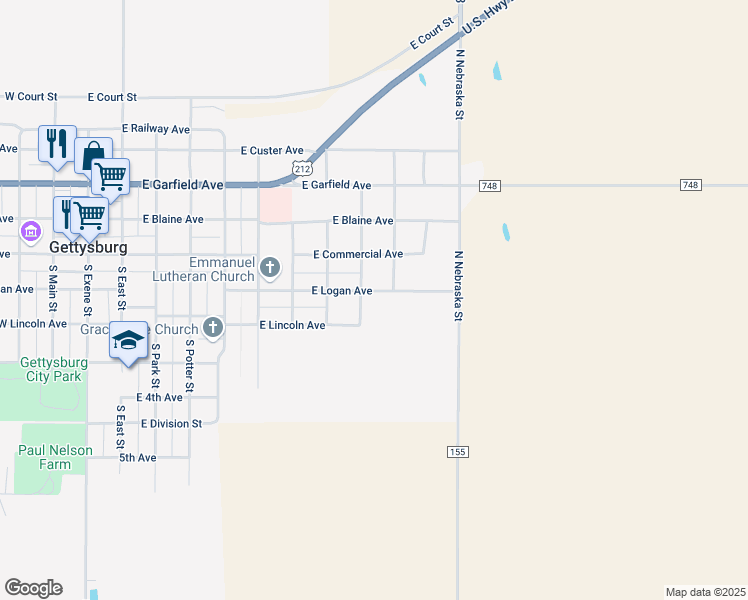 map of restaurants, bars, coffee shops, grocery stores, and more near 909 East Logan Avenue in Gettysburg