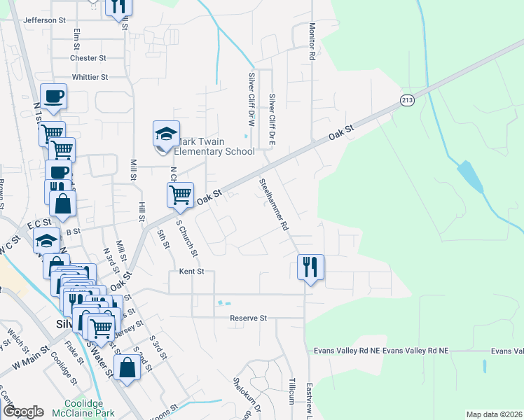 map of restaurants, bars, coffee shops, grocery stores, and more near 223 Penni Lane in Silverton