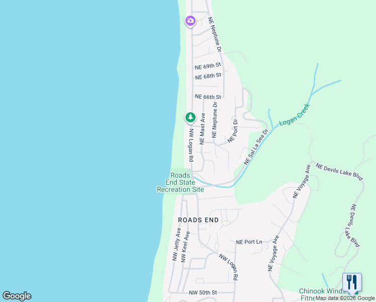 map of restaurants, bars, coffee shops, grocery stores, and more near 6250 Northeast Logan Road in Lincoln City