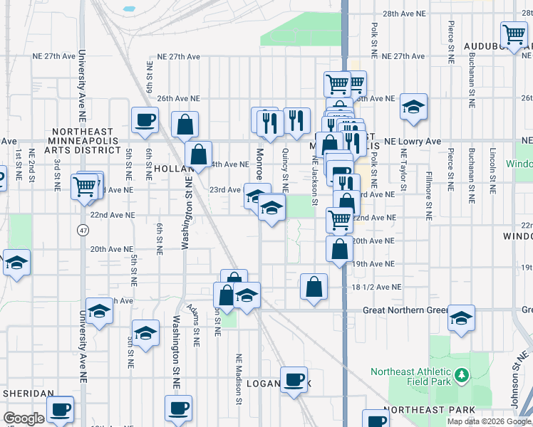 map of restaurants, bars, coffee shops, grocery stores, and more near 2219 Monroe Street Northeast in Minneapolis