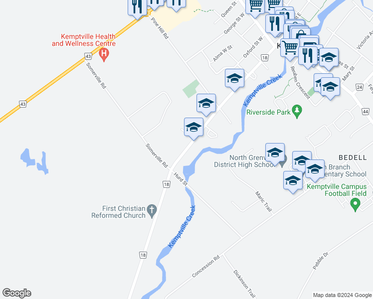 map of restaurants, bars, coffee shops, grocery stores, and more near 541 Clothier Street West in Kemptville