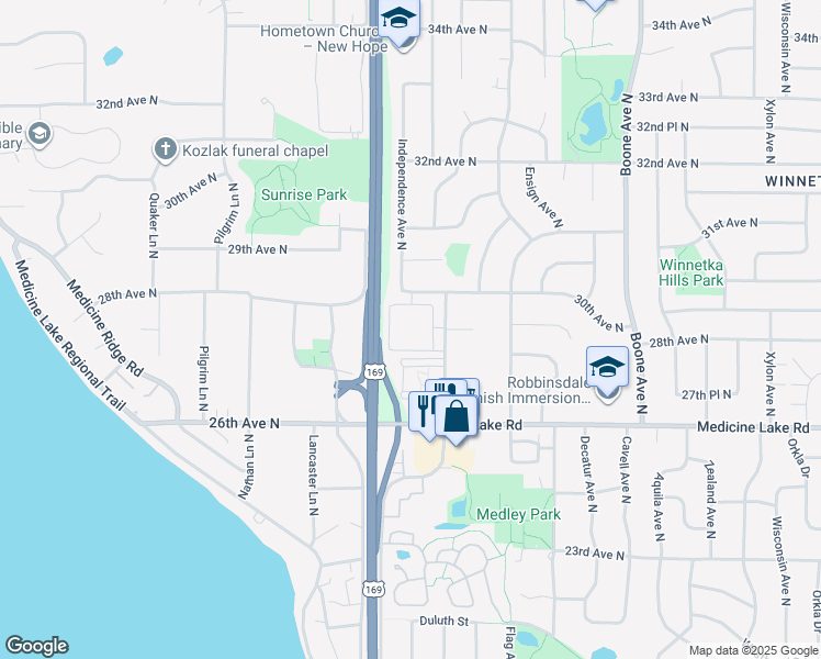 map of restaurants, bars, coffee shops, grocery stores, and more near 2911 Hillsboro Avenue North in New Hope