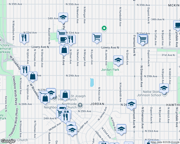 map of restaurants, bars, coffee shops, grocery stores, and more near 2930 North Logan Avenue in Minneapolis