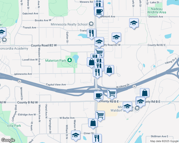 map of restaurants, bars, coffee shops, grocery stores, and more near 2295 Rice Street in Roseville
