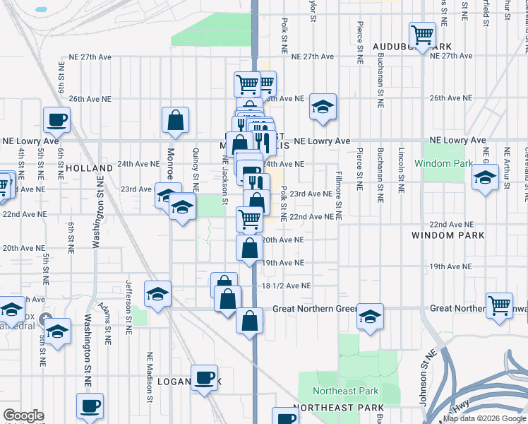 map of restaurants, bars, coffee shops, grocery stores, and more near 2220 Central Avenue Northeast in Minneapolis